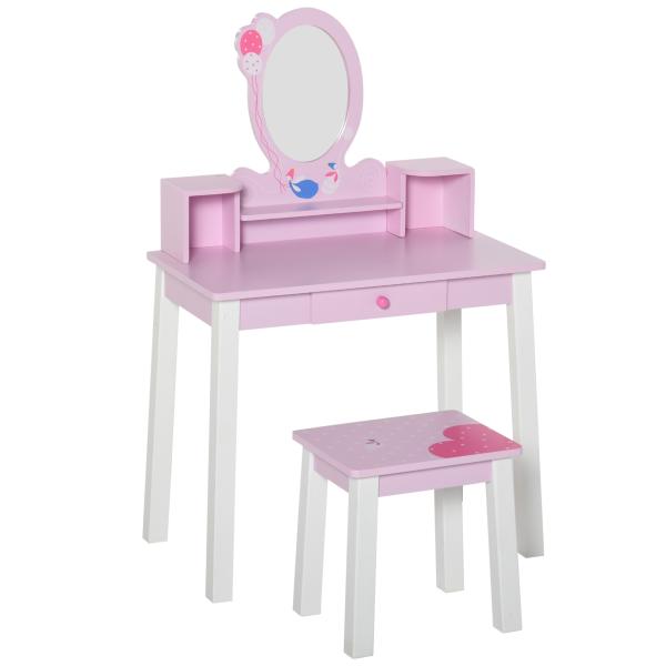 Toucador Infantil com Banco e Espelho Mesa de Maquilhagem Infantil Estilo Princesa de Madeira 59x39x92cm Rosa