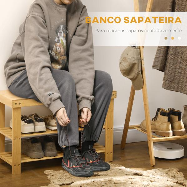 Banco Sapateira de Bambu Organizador de Sapatos com 2 Prateleiras para 6 - 9 Pares de Sapatos 70x28x45 cm Madeira