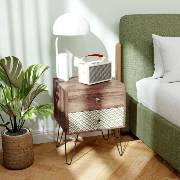 Mesa de Cabeceira com 2 Gavetas Pés de Aço Estilo Boémio Mesa de Cabeceira para Quarto Sala de Estar 45x39x55,5 cm Marrom
