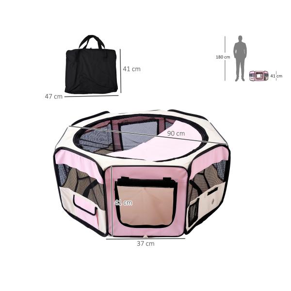 Parque Dobrável para Cães e Gatos Corralito Portátil para Animais Pequenos Impermeável em Tecido Oxford Ø90x41 cm Rosa