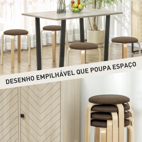 Conjunto de 4 Bancos Empilháveis Redondos Bancos Baixos de Cozinha com Assento Acolchoado Ø40x45 cm Marrom e Madeira