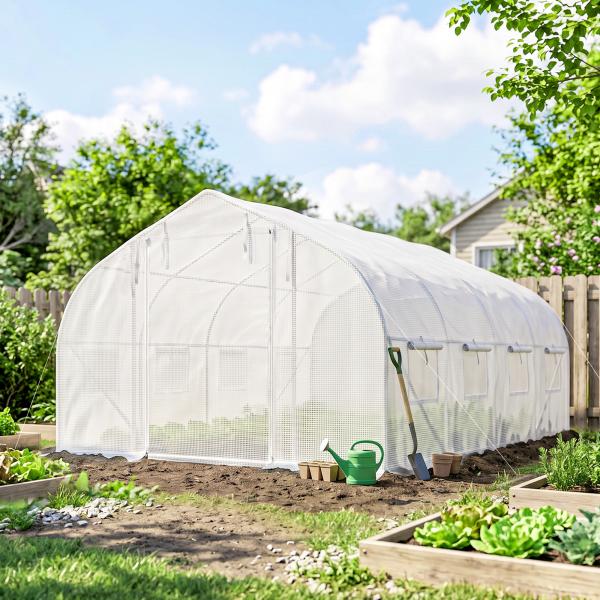 Estufa Tipo Túnel 395x300x200 cm com Porta de Malha e 8 Janelas Estufa de Jardim com Cobertura de PE Branco