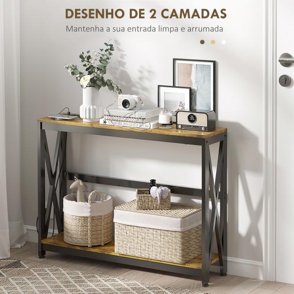 Mesa Consola de Estilo Industrial Mesa de Entrada de 2 Níveis com Estação de Carregamento 100x24x75 cm Castanho Rústico