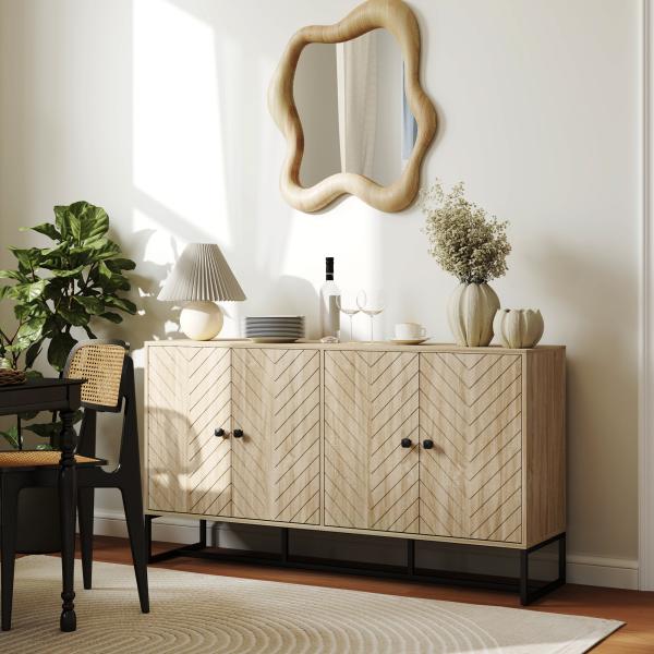 Aparador de Sala com 4 Portas com Design Chevron Prateleiras Ajustáveis Pés de Aço 140,5x40x81,5 cm Carvalho