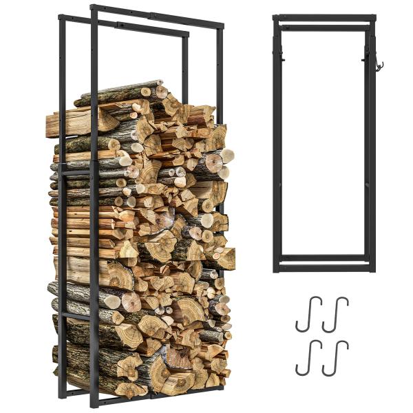 Suporte para Lenha Extensível com 4 Ganchos Carga Máxima 100 kg para Interior e Exterior 40 - 65x25x100 - 150 cm Preto
