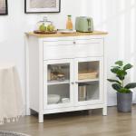 Aparador de Cozinha Moderno Móvel Buffet Auxiliar com Gaveta Prateleira Ajustável e 2 Portas de Vidro 80x40x90 cm Branco e Madeira