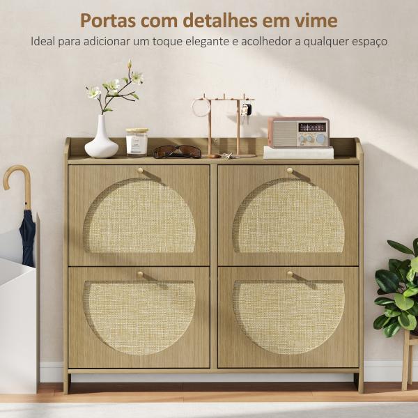 Sapateira Estreita com 4 Portas de Vime Sapateira para Entrada com Prateleiras Ajustáveis para 16 Pares de Sapatos 104,5x24x88 cm Madeira