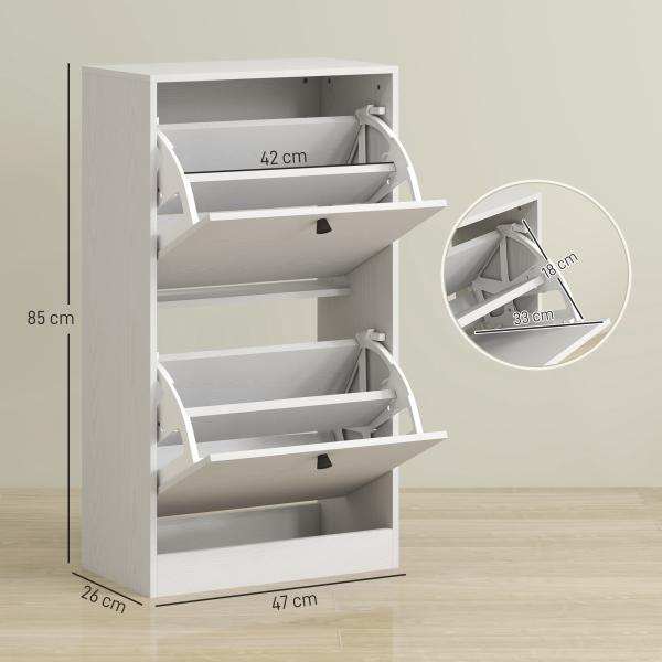 Sapateira Estreita Móvel Sapateira com 2 Gavetas Abatíveis e Prateleiras Ajustáveis para 8 Pares de Sapatos 47x26x85 cm Branco