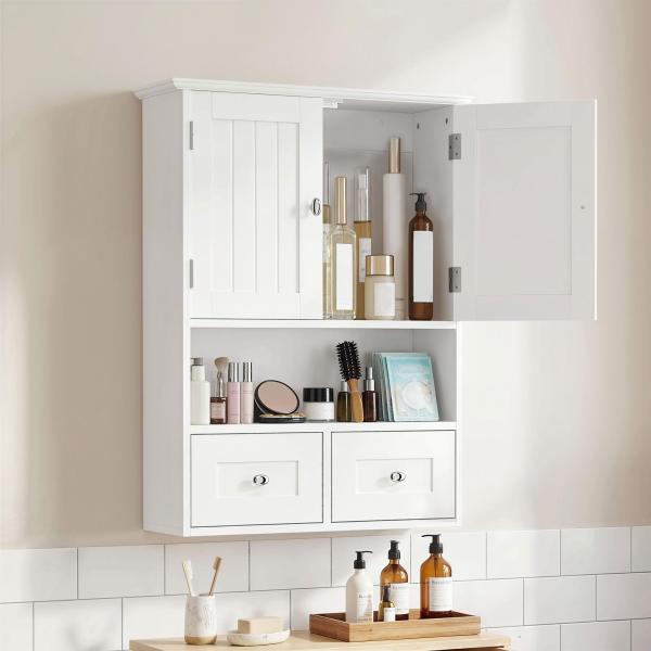 Armário de Parede para Casa de Banho com 2 Portas Prateleira Aberta e 2 Gavetas Estilo Moderno 50,8x17,8x66 cm Branco