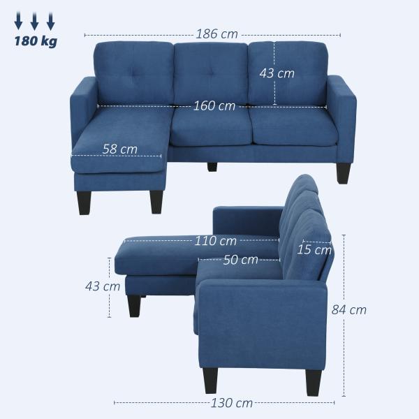 Sofá Chaise Longue Sofá em Forma de L Estofado em Poliéster Sofá de Canto Reversível 186x130x84 cm Azul Escuro
