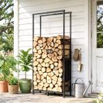 Lenheiro Exterior em Aço Resistente para Lenha com Largura e Altura Ajustáveis, Carga 100 kg, 45,5 - 75,5x25x98 - 170 cm, Preto