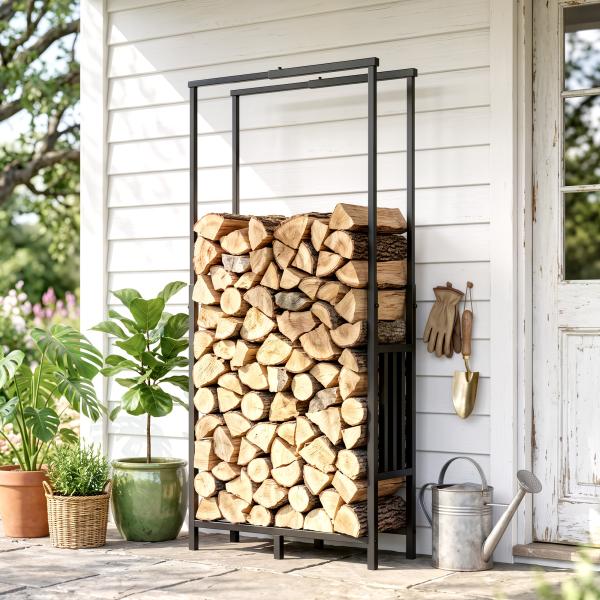 Lenheiro Exterior em Aço Resistente para Lenha com Largura e Altura Ajustáveis, Carga 100 kg, 45,5 - 75,5x25x98 - 170 cm, Preto