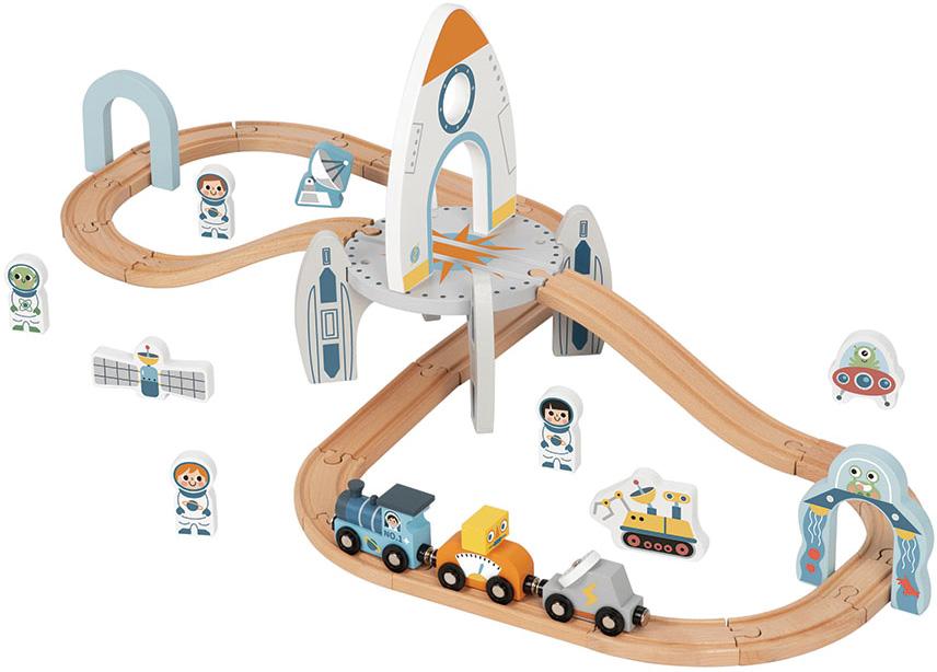 Pista Comboio Estação Espacial Madeira 35 pcs 3+ - WOODEN TOYS