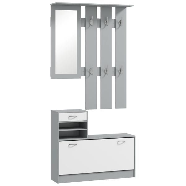Móvel Cabide de Entrada de 3 Peças Armário de Entrada com Cabide Espelho Sapateira e Gaveta 90x10x102 cm Branco e Cinza