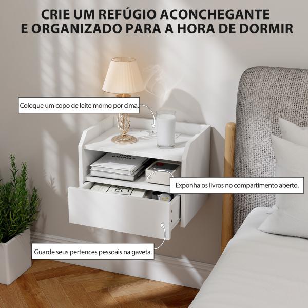 Conjunto de 2 Mesas de Cabeceira Flutuantes com Estação de Carregamento Gaveta Prateleira Aberta Estilo Moderno 40x29x29 cm Branco