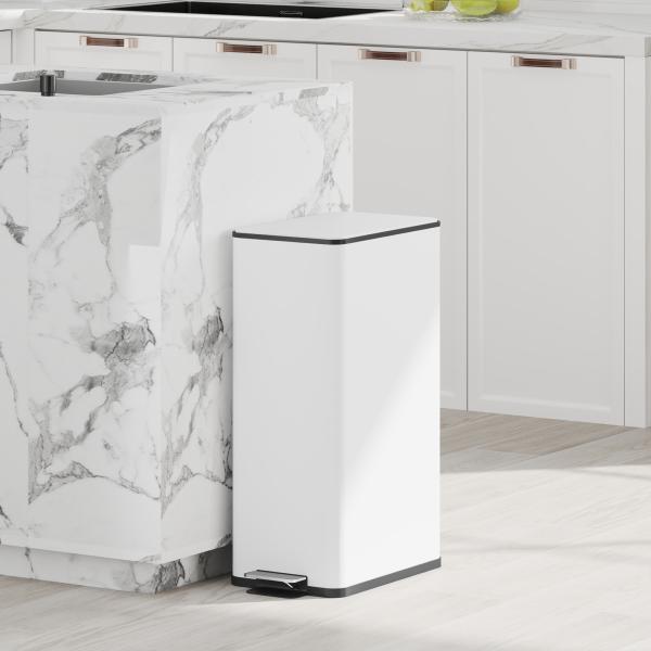 Caixote do Lixo de Cozinha 20 L em Aço Inoxidável com Tampa de Fecho Suave, Pedal e Balde Amovível, Branco