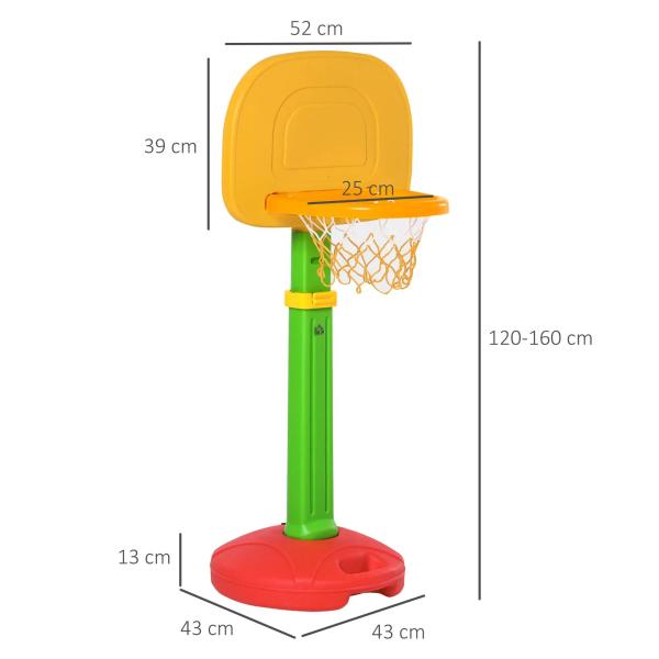 Tabela de Basquetebol Infantil para Crianças acima de 3 anos Altura Ajustável 2 Bolas e Inflador 52,5x44x120 - 160cm Amarelo Verde Vermelho