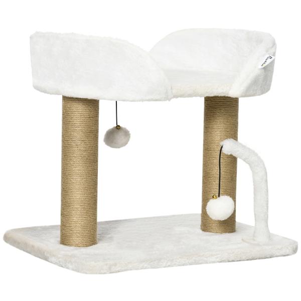 Arranhador para Gatos Pequenos Altura 42 cm Arranhador para Gatos com Cama Bolas Supensas e Postes de Juta 48x38x42 cm Branco