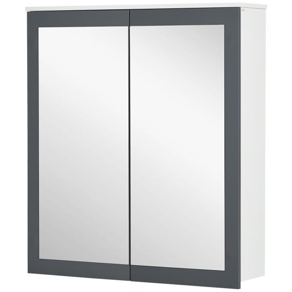 Armário de Casa de Banho com Espelho 2 Portas e Prateleiras Ajustáveis 69x17x75,5 cm Branco e Cinza