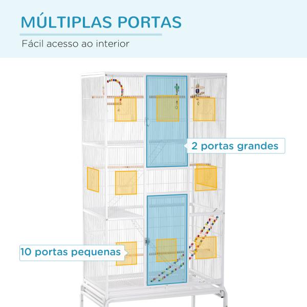 Gaiola para Pássaros com Rodas de 3 Níveis com 3 Poleiros Comedouros Brinquedos Rampas e Prateleira 83x53x180 cm Branco