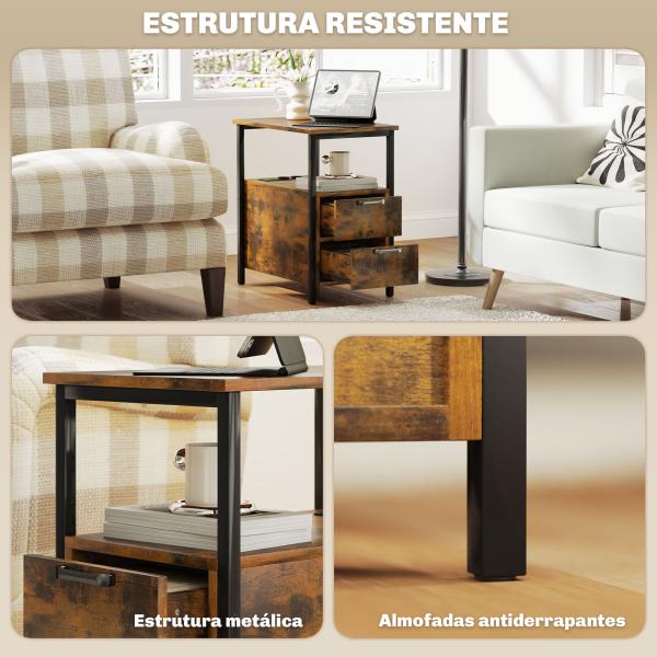 Mesa Auxiliar com Estação de Carga Entrada USB Tomada Elétrica 2 Gavetas e Prateleira 55x35x58,5 cm Marrom Rústico