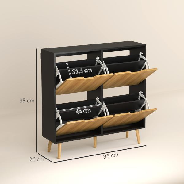 Sapateira para 16 Pares de Sapatos com 4 Gavetas e Prateleiras Ajustáveis 95x26x95 cm Madeira e Preto