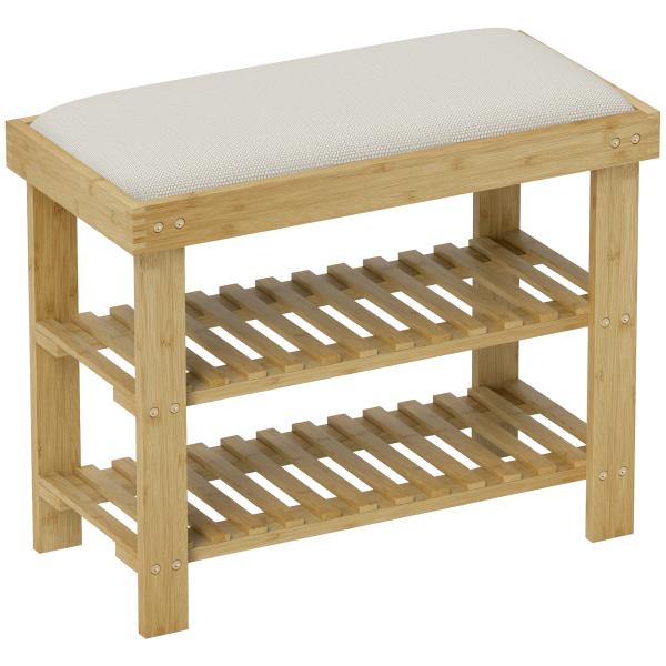 Banco Sapateira de Bambu Sapateira com Assento Almofadado 2 Prateleiras para 6 Pares de Sapatos 60x29x49 cm Madeira e Creme