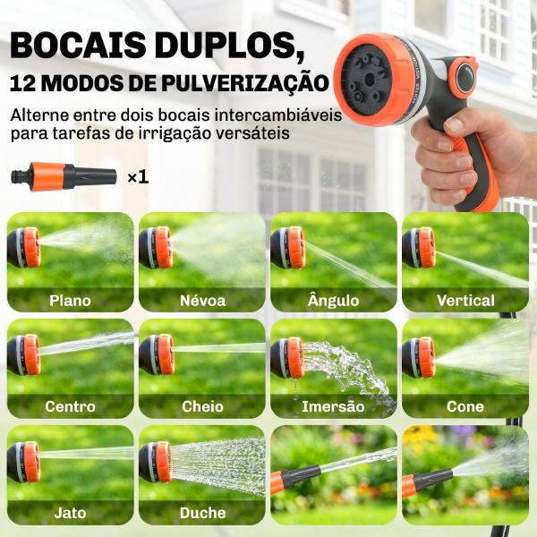 Carretel de Mangueira para Jardim 28+2 m com 12 Modos de Pulverização Bloqueio Automático e Retracção Controlada Suporte Orientável 180° Laranja