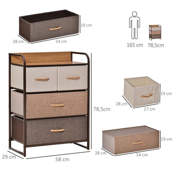 Cómoda de Tecido com 4 Cestos Removíveis e Dobráveis Base Elevada Móvel de Armazenamento 58x29x78,5 cm Multicor
