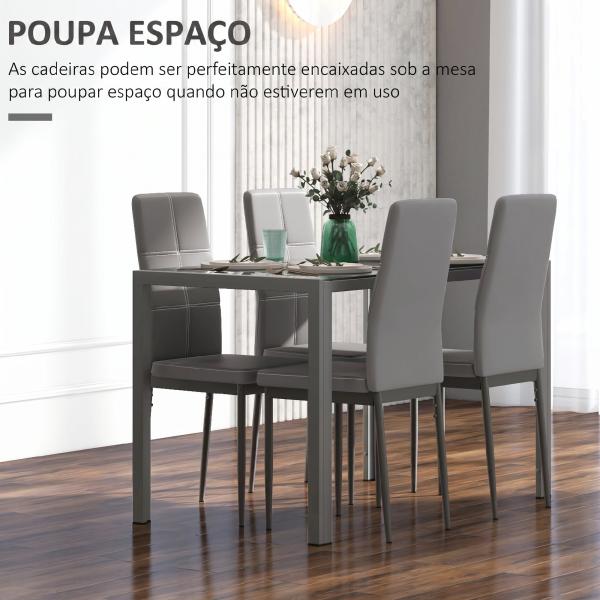 Conjunto de Sala de Jantar 5 Peças com Mesa Retangular de Vidro Temperado e 4 Cadeiras em PU Cinzento
