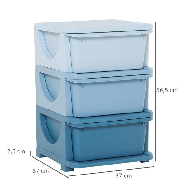 Organizador de Brinquedos Infantil para crianças acima de 3 anos com 3 Gavetas e Alças amplo espaço de armazenamento para Roupas Livros brinquedos 37x37x56,5 cm Azul