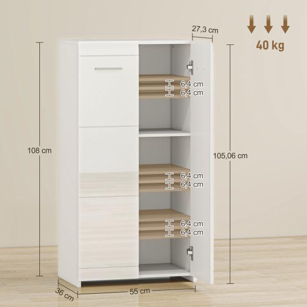 Sapateira Armário para Sapatos Moderno com Prateleiras Ajustáveis para 10 Pares de Sapatos 55x36x108 cm Branco Brilhante