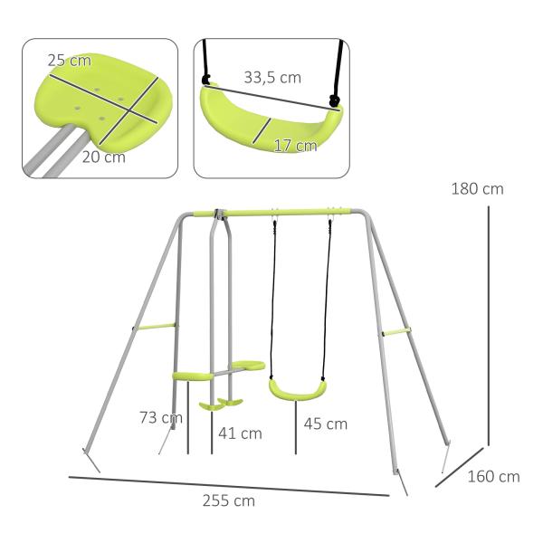 Baloiço para Crianças Baloiço Jardim com 1 Baloiço Simples 1 Planador e Anti - UV 255x160x180 cm Cinza e Verde