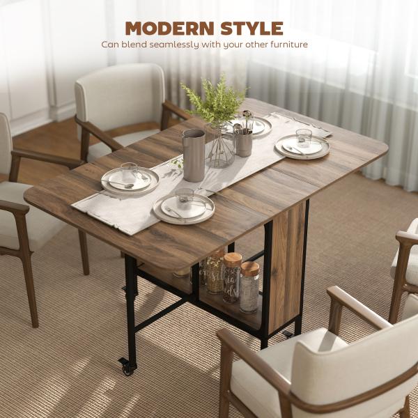 HOMOM Mesa de Cozinha Dobrável Mesa de Refeição Dobrável com Rodas Laterais Abatíveis e Prateleira Mesa Dobrável para Sala de Jantar 130x80x74 cm Marrom