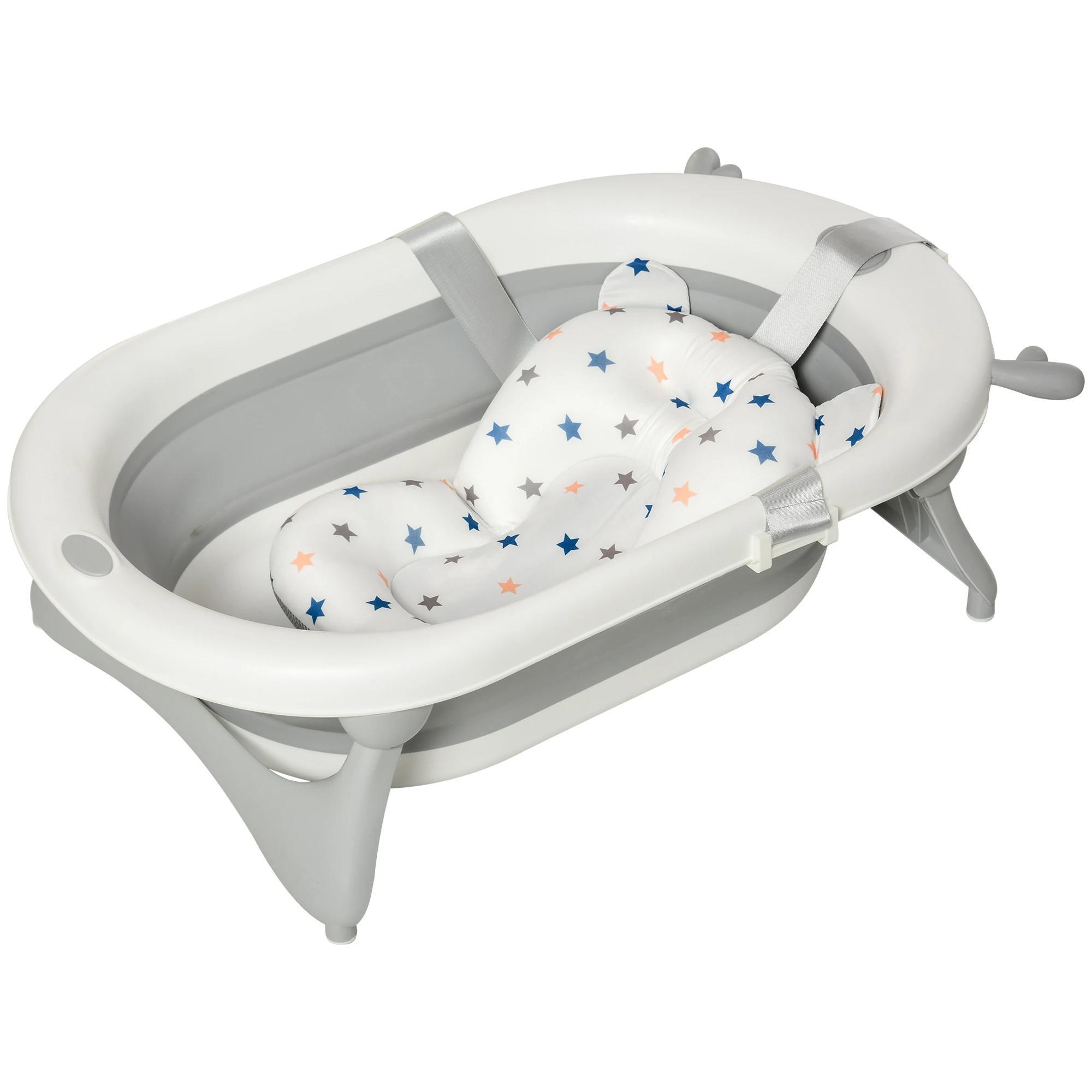 Banheira para Bebé Recém Nascido até 3 Anos Dobrável 30 Litros com Tampa Termossensível e Almofada Confortável Almofadas Antiderrapantes 81,5x50,5x23,5cm Cinza e Branco