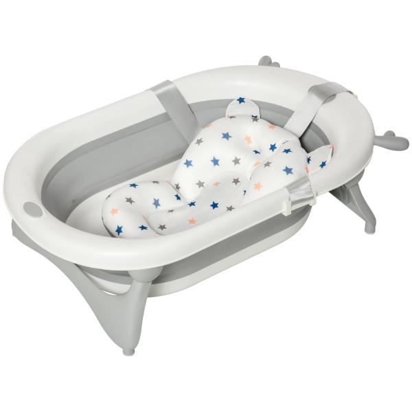 Banheira para Bebé Recém Nascido até 3 Anos Dobrável 30 Litros com Tampa Termossensível e Almofada Confortável Almofadas Antiderrapantes 81,5x50,5x23,5cm Cinza e Branco