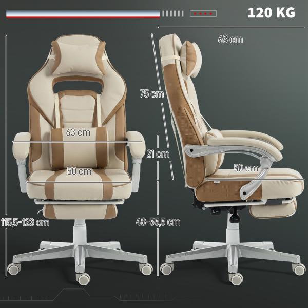 Cadeira Gamer Reclinável com Altura Ajustável Apoio para Pés Retrátil Suporte Lombar e Almofada de Cabeça Removível Creme