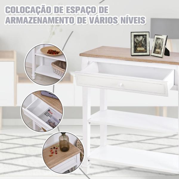 Mesa Consola Multifuncional Mesa Auxiliar para Sala de Estar Corredor Sala de Jantar com 2 Prateleiras 1 Gaveta Removível Puxador Estilo Retro Pinho 75,6x27,5x80,5 cm Madeira Natural e Branco