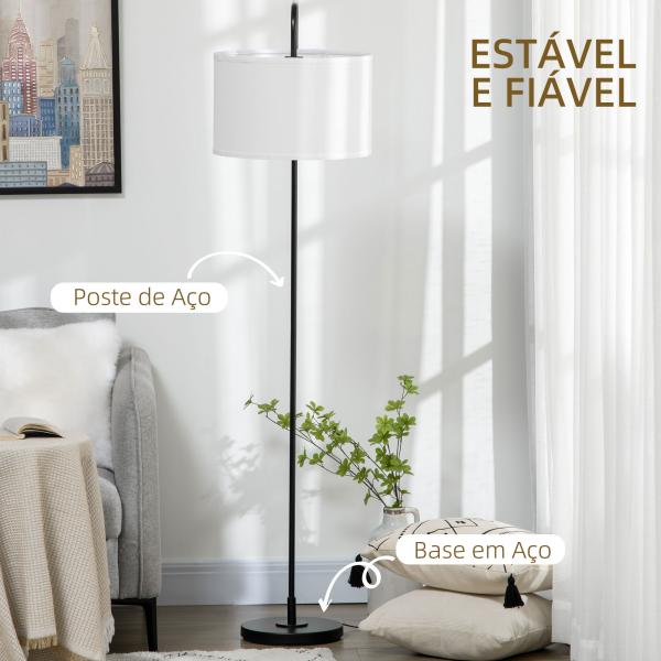 Candeeiro de Pé Moderno Lâmpada E27 Máx. 40W com Ecrã de Linho e Interruptor de Pé 64x38x163,5cm Branco e Preto