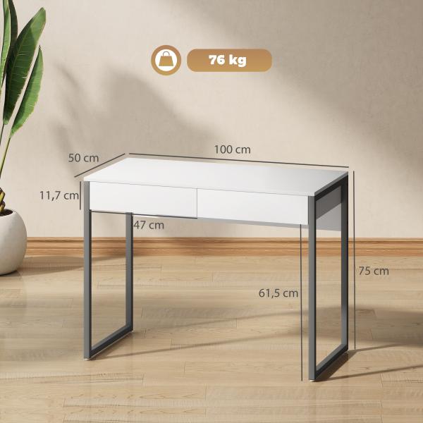 Secretária com 2 Gavetas 100x50 cm Mesa de Computador Pernas de Aço para Casa Escritório Espaços Pequenos Branco Brilhante