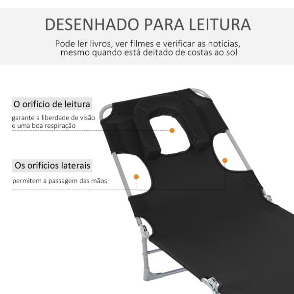 Espreguiçadeira de Jardim Reclinável e Dobrável com Orifício de Leitura Apoio para Cabeça e Encosto Ajustável em 4 Níveis para Praia 182x56x24,5 cm Preto