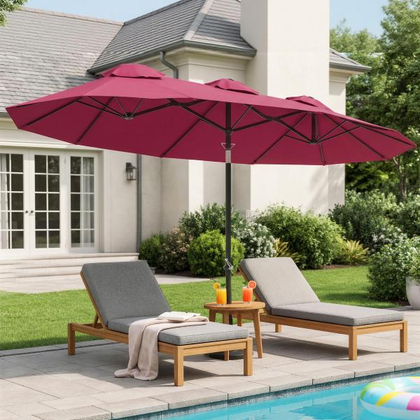 Chapéu de Sol Duplo Chapéu de Sol de Jardim com Inclinação de 45° Manivela Estrutura de Aço 295x152x222 cm Vermelho
