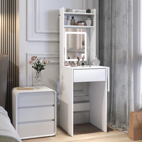 Tocador de Maquilhagem com Luzes LED de Cor Ajustável e Espelho Tocador com Lateral Rebatível Gaveta 45x45x152 cm Branco