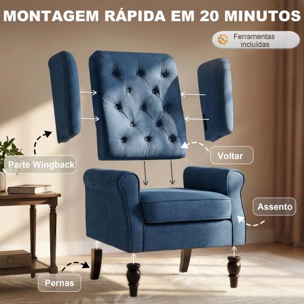 Poltrona de Sala de Estar Poltrona Moderna para Dormitório com Pés de Madeira Poltrona Individual 74x86x102 cm Azul