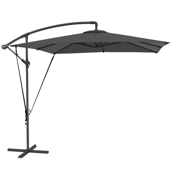 Chapéu de Sol Excêntrico 247x247 cm com Base Cruzada, Manivela, Capa Protetora e Cobertura Giratória 360°, Cinzento Escuro
