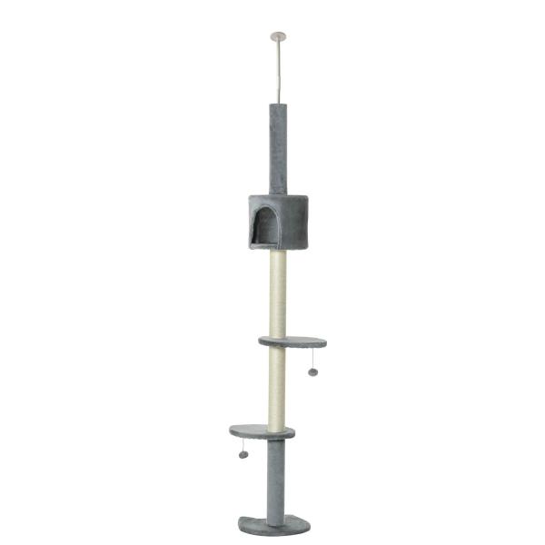 Árvore Arranhador para Gatos para Fixar ao Teto Altura Ajustável 229 - 235cm 260 - 266cm com Plataformas Caverna Postes de Sisal Bolas Penduradas 40x40x217 cm Cinza Claro