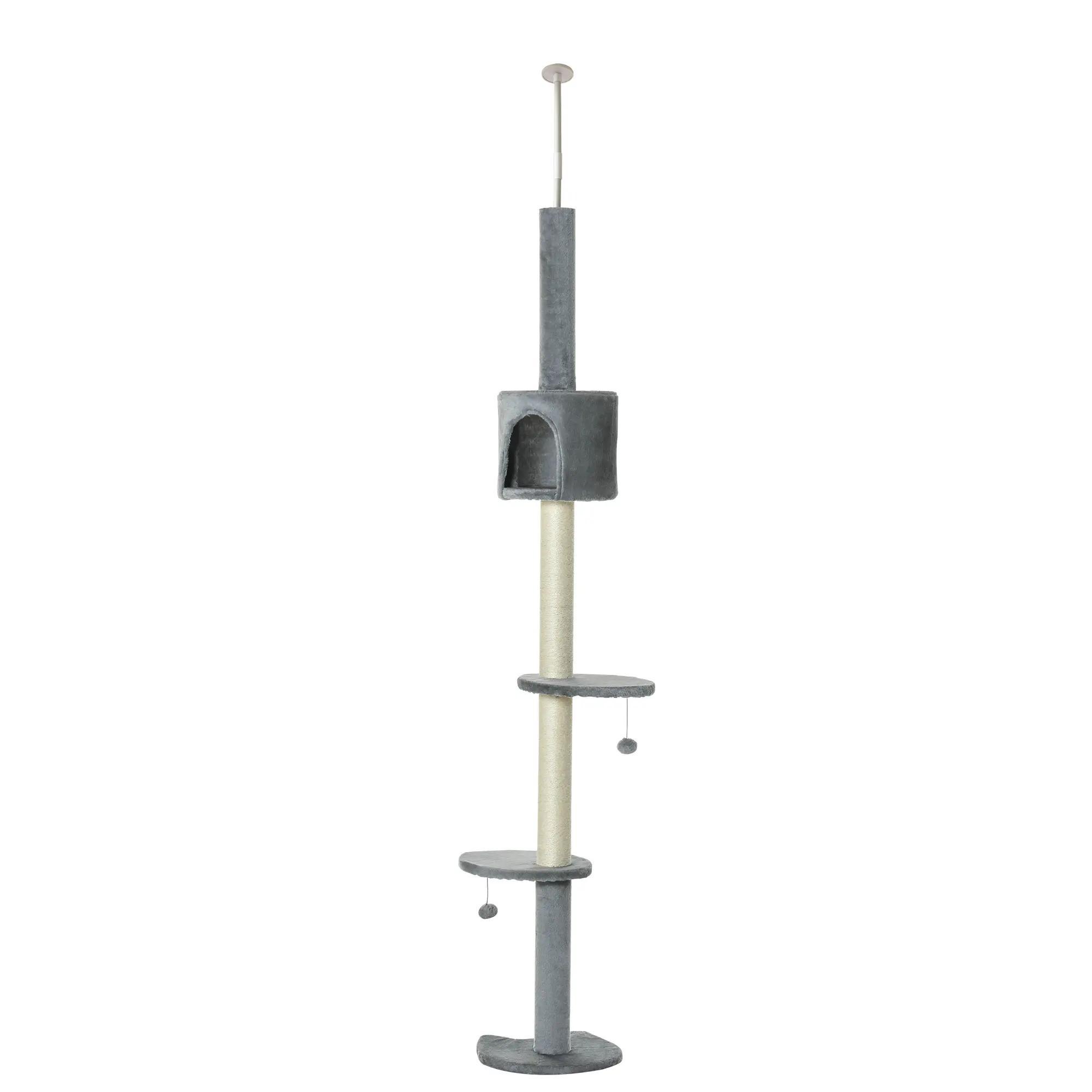 Árvore Arranhador para Gatos para Fixar ao Teto Altura Ajustável 229 - 235cm 260 - 266cm com Plataformas Caverna Postes de Sisal Bolas Penduradas 40x40x217 cm Cinza Claro