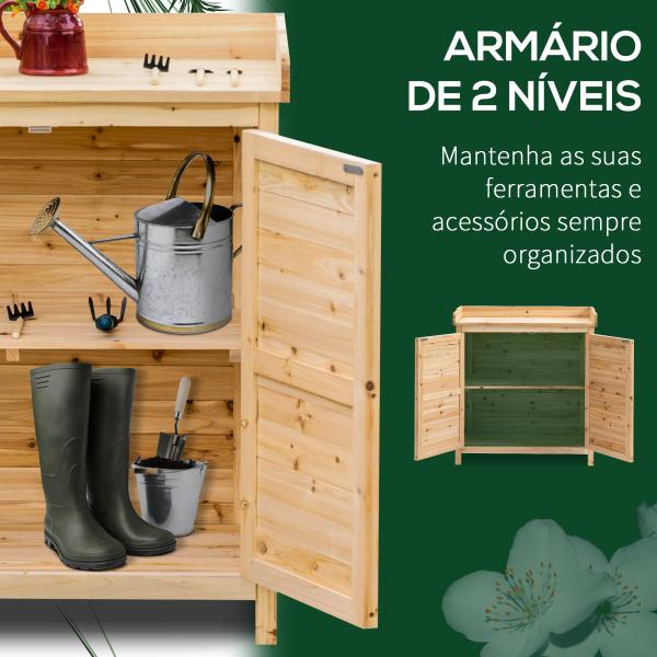 Armário de Jardim de Madeira Armário de Armazenamento com 2 Portas Prateleira e Base Elevada 83x40x92 cm Madeira