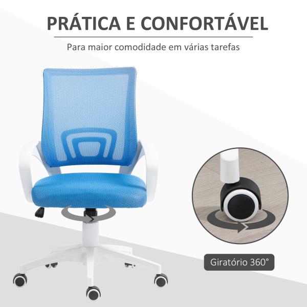 Cadeira de Escritório de Malha Giratória com Altura Ajustável Função Basculante e Apoio para os Braços 57x55x89 - 109 cm Azul