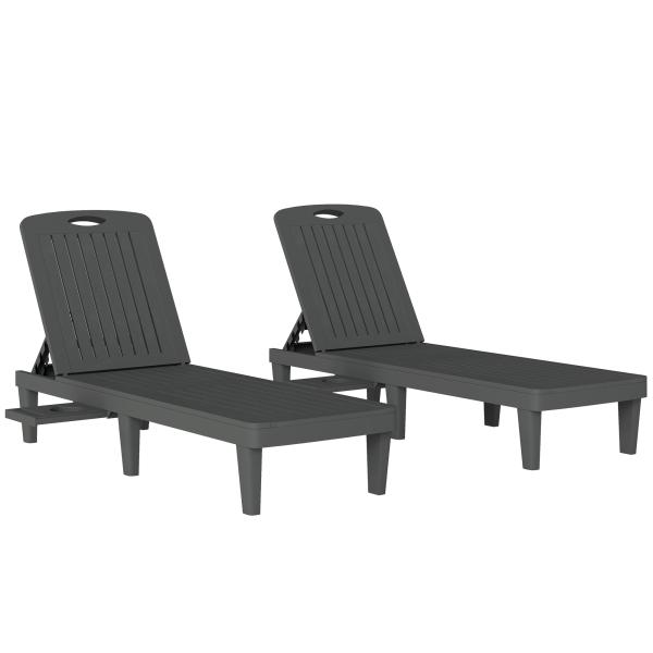 Conjunto de 2 Espreguiçadeiras Reclináveis de Plástico PP com Bandeja Lateral Encosto Ajustável em 5 Posições 192x57x28,5 cm Cinzento